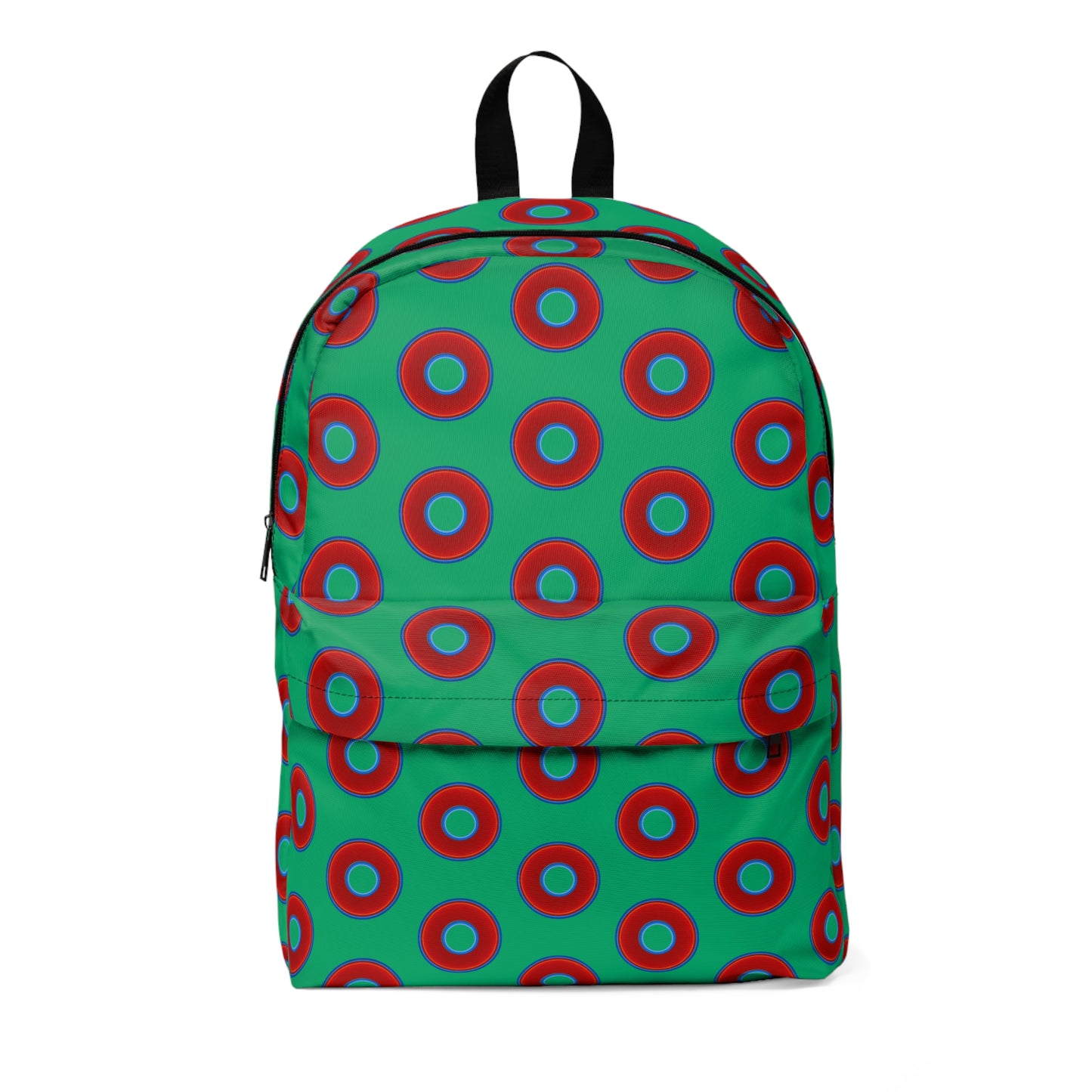 Donut Backpack - red vivid donuts w/jade green background