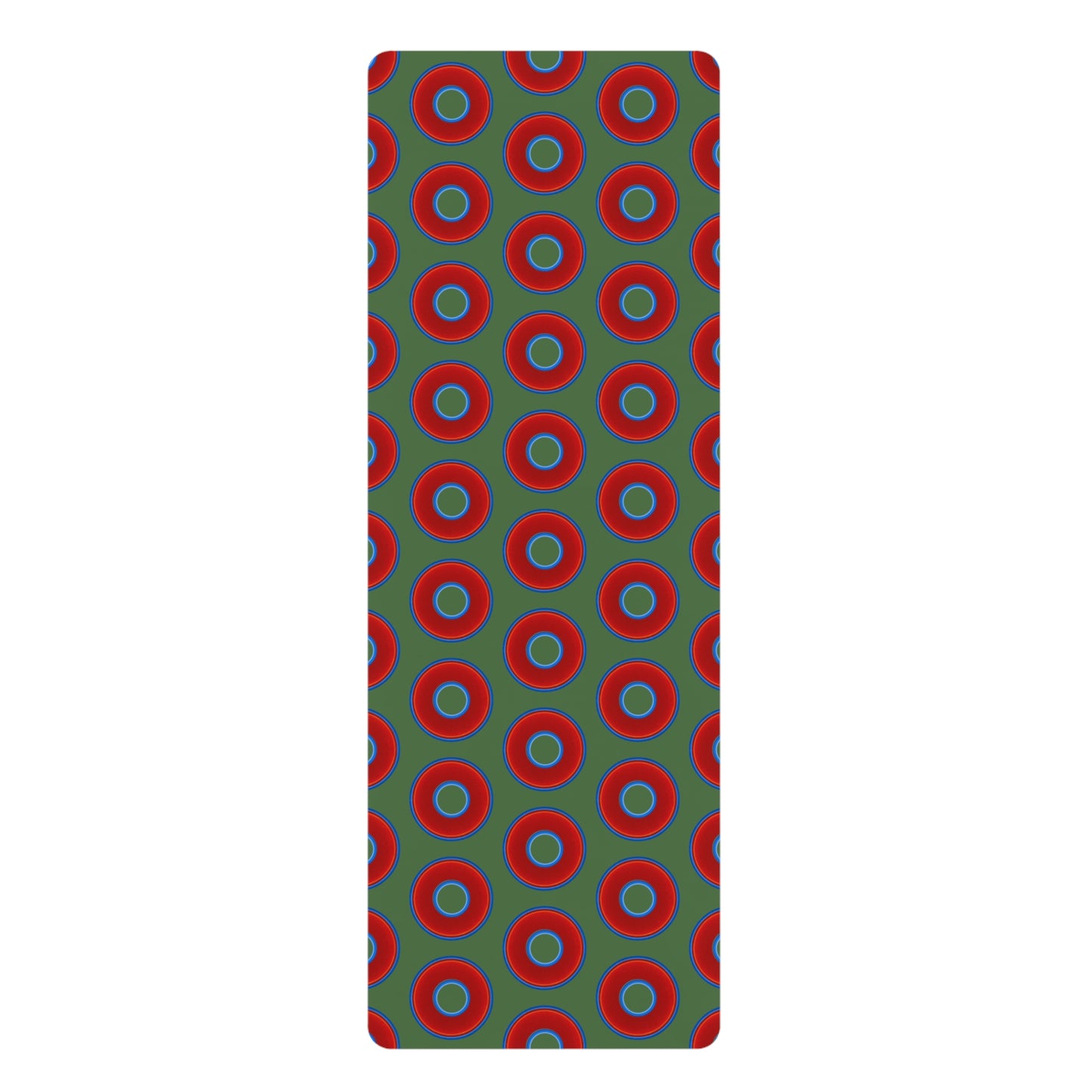Lumpy Donut Yoga Mat :) - 24″ x 70" - vivid red donut print w/dark Fenway green background