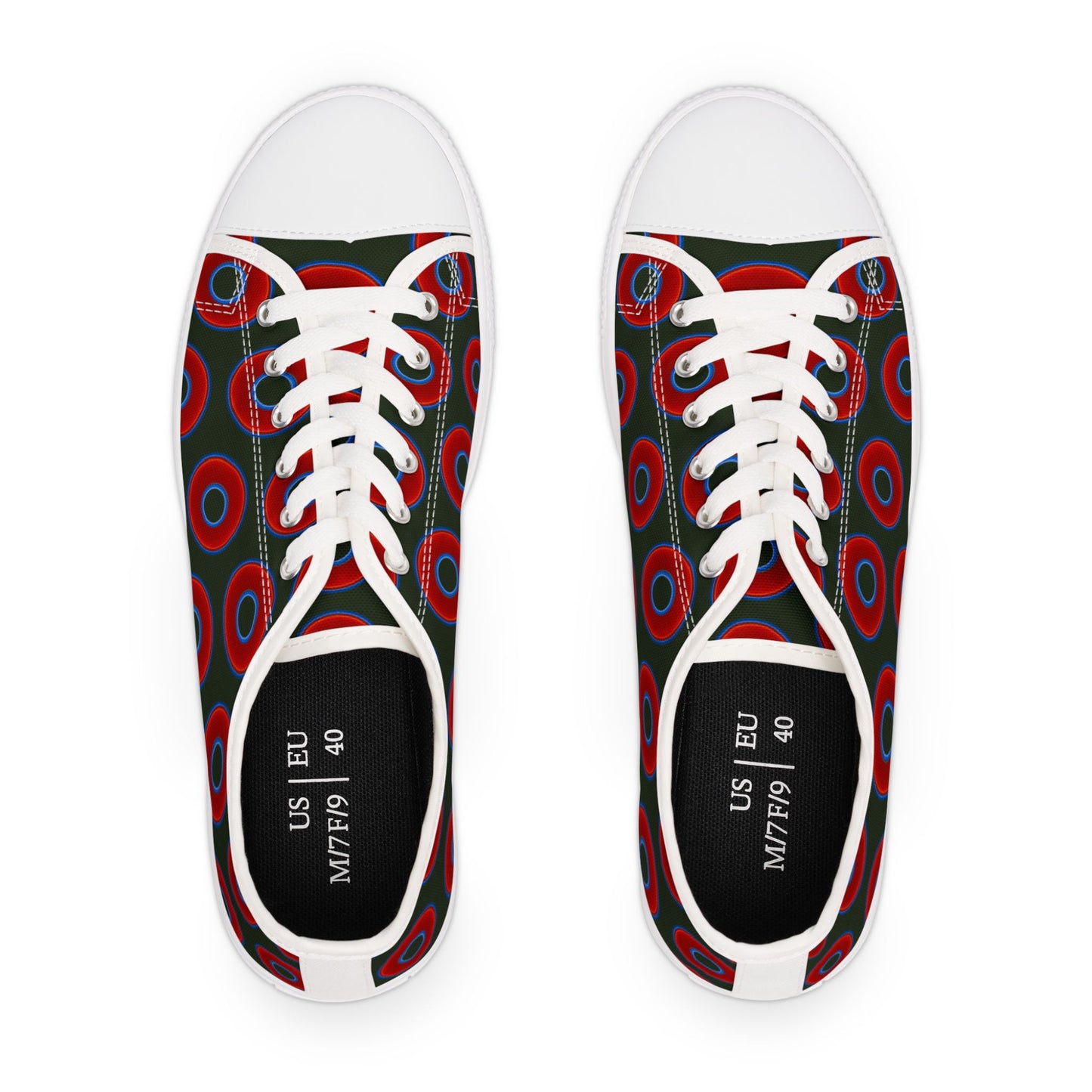 Women's - Low Top Chuck Taylors - large vivid red donut print w/deep forest green background