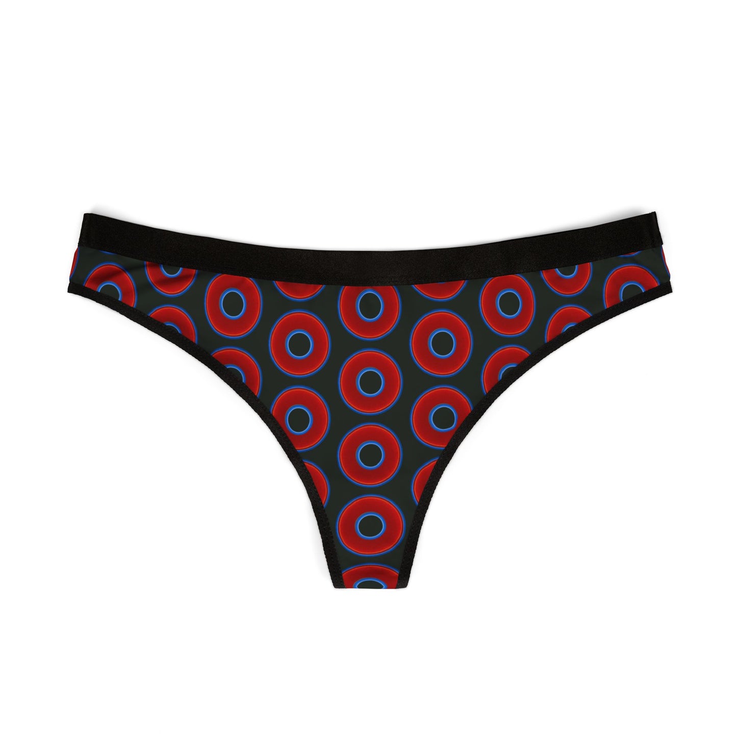 Lumpy Donut Thongs - red vivid donut print w/midnight moss green background