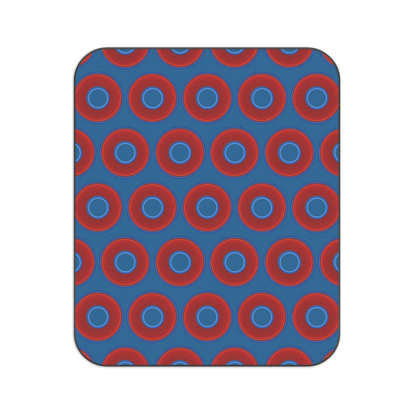 The Lumpy Party Blanket - giant water-resistant outdoor blanket [61" x 51"] - vivid red donuts w/wavy navy blue background