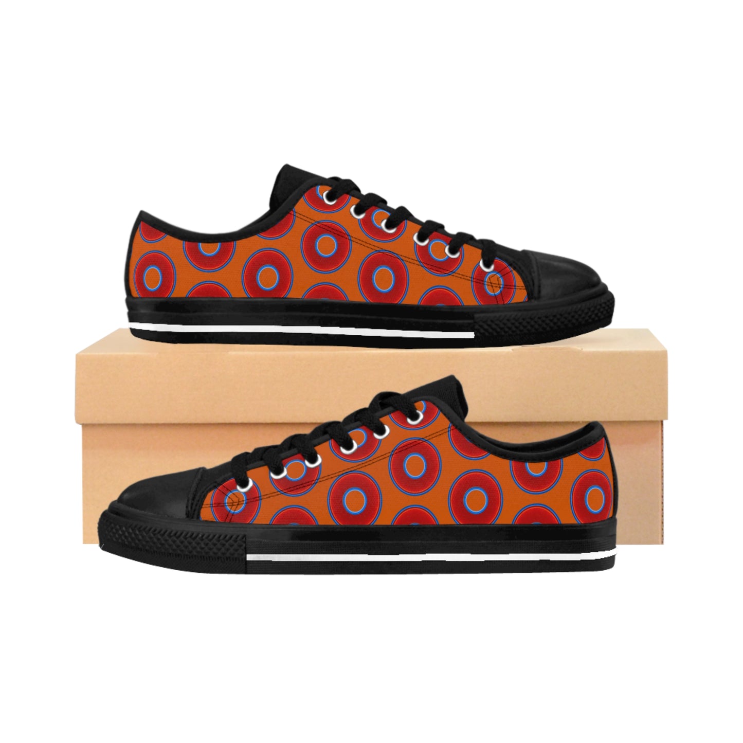 Men's Cushiony Convectors - Low Top - large red vivid donut print w/dark orange background