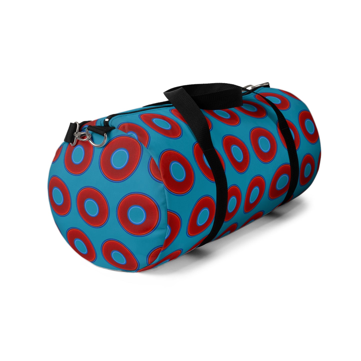 Lumpy Duffel - vivid red donuts w/aquamarine blue background
