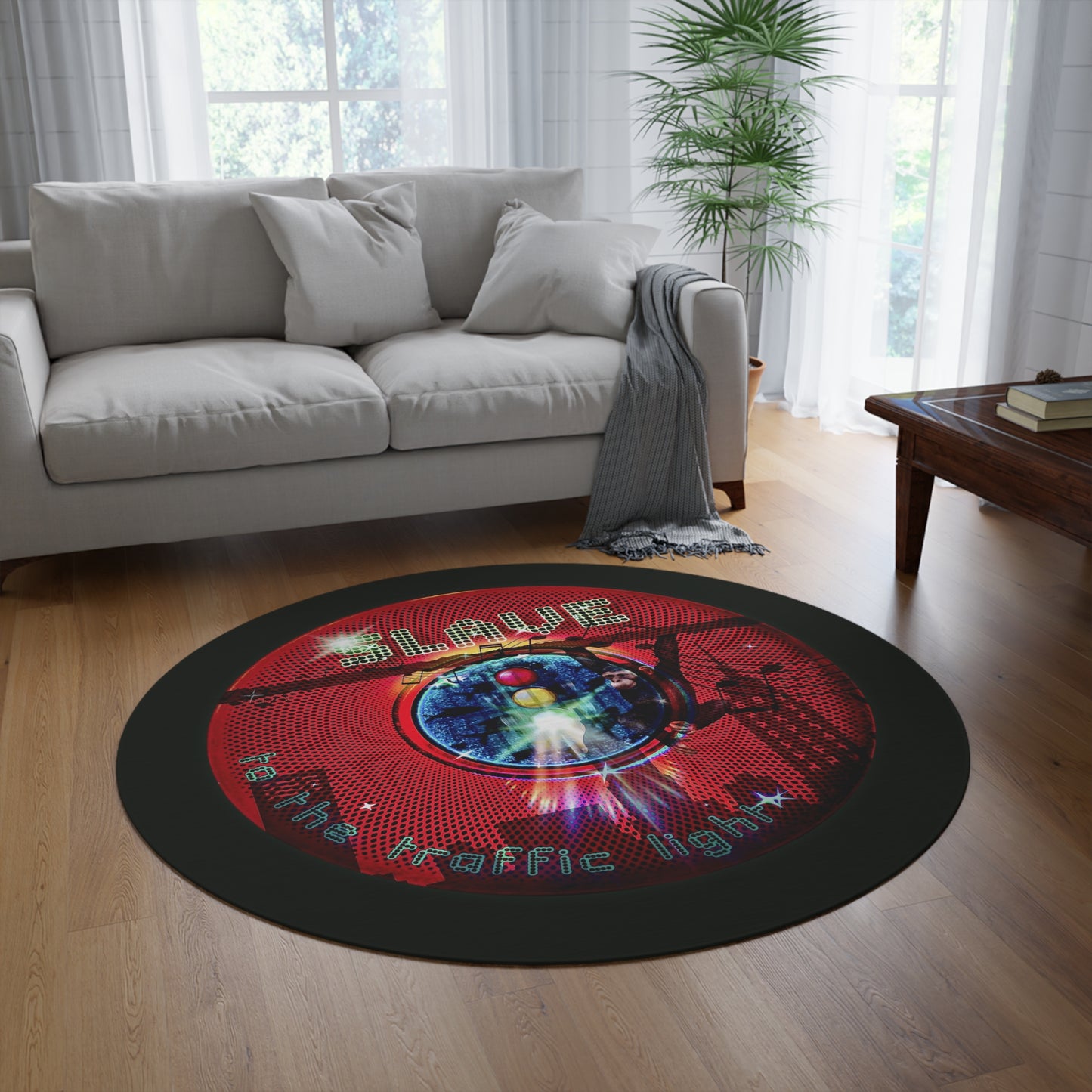 Round Room - 5 ft x 5 ft Lumpy Donut Rug - "Slave to This Cozy Donut Rug" - red phatty donut w/midnight moss green background
