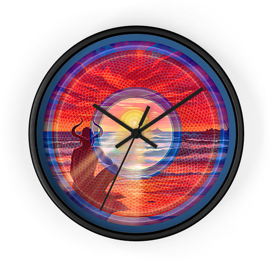 Lumpy Wall Clock - "The Squirming Donut of Sunset Clock" - red/blue rustic pic donut w/light navy background