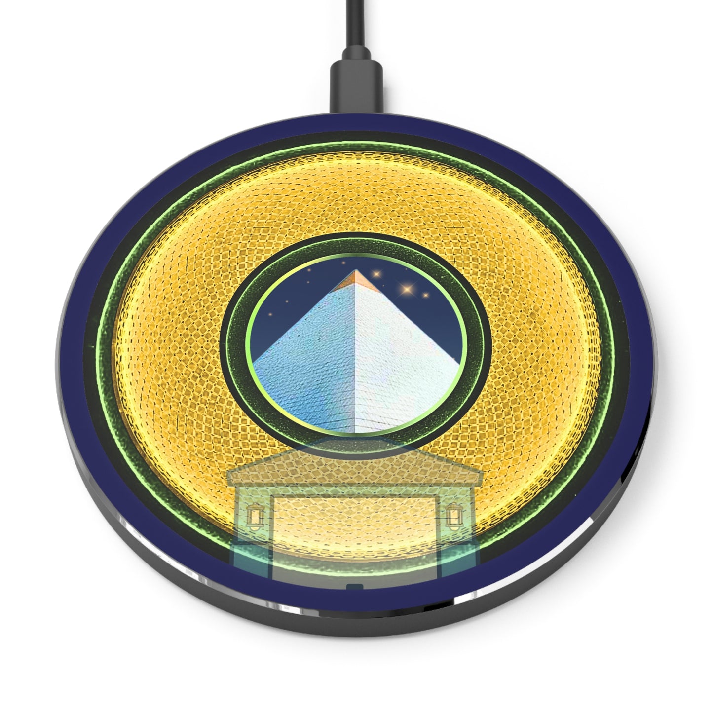 The Flow - Wireless Lumpy Donut Chargers - "Limestone Wireless Donut Chargers So Large" - rustic golden donut w/navy background - variant 4