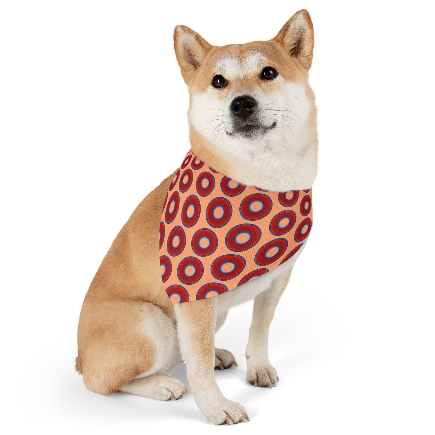 Jim's Lumpy Bandana Pet Collar - vivid red donuts w/peach background