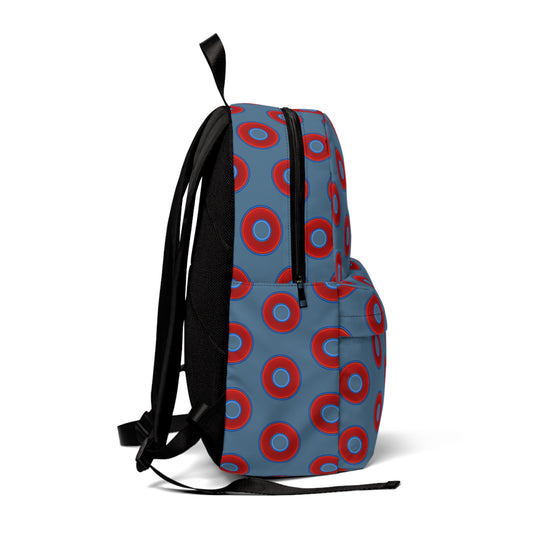 Donut Backpack - red vivid donuts w/steel blue background