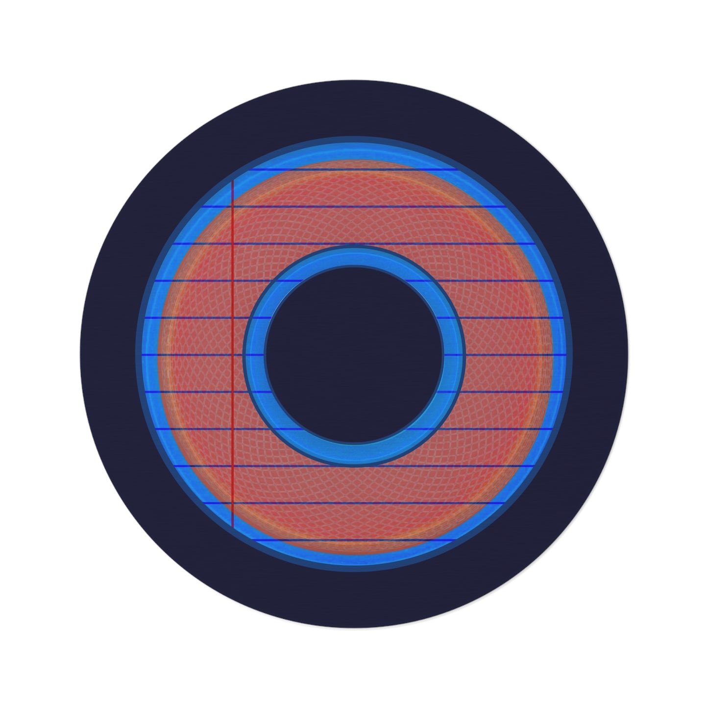 Round Room - 5 ft x 5 ft Lumpy Donut Rug - "Tasty Donut Carpet" - rustic red/blue lined donut w/midnight blue background - variant 3
