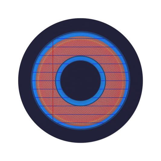 Round Room - 5 ft x 5 ft Lumpy Donut Rug - "Tasty Donut Carpet" - rustic red/blue lined donut w/midnight blue background - variant 3