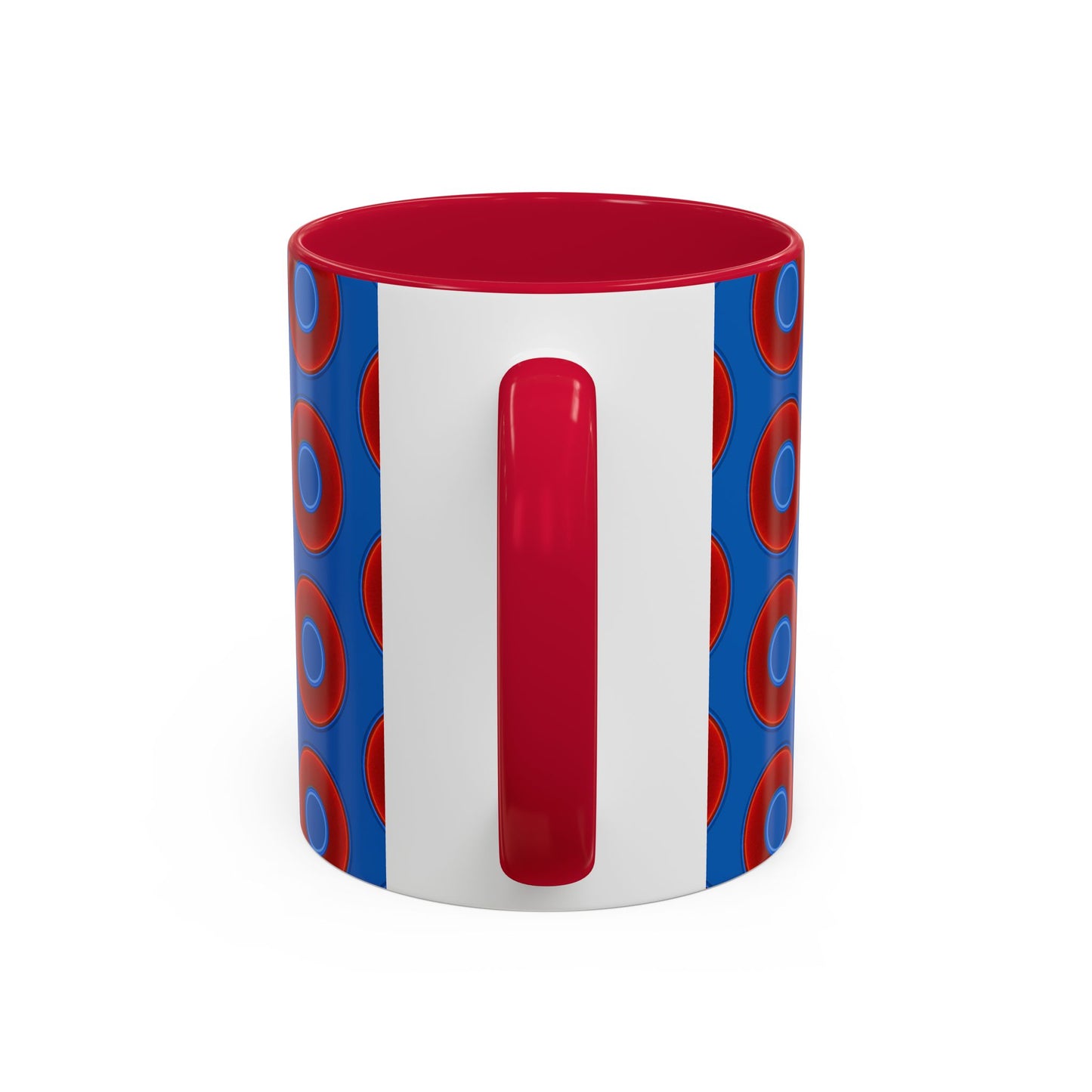 Lump's Grumpy Coffee Mug - vivid red donuts w/dark royal blue background