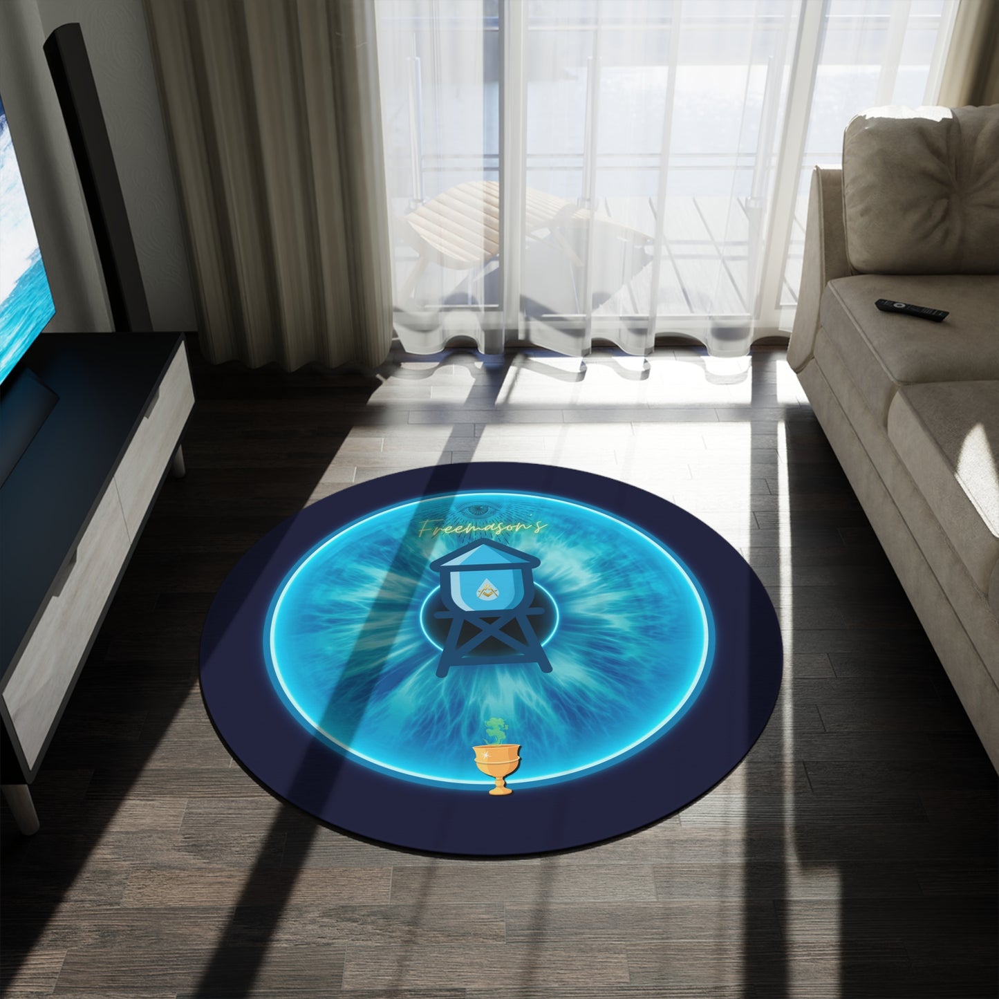 Round Room - 5 ft x 5 ft Lumpy Donut Rug - "The Peering Donut Rug of Opacity" - light blue idonut w/dark navy background - variant 2