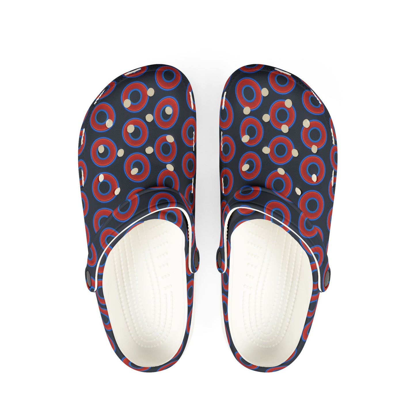 Spatchcocks - donut slip-on shoes - red rustic donuts w/dark blue teal elite background [unisex]