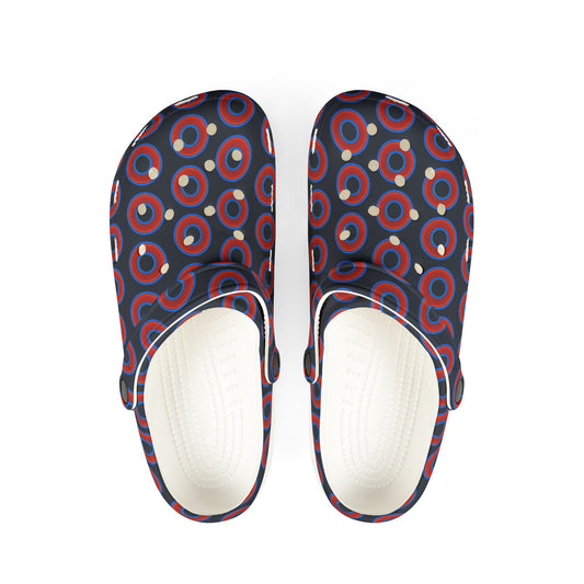 Spatchcocks - donut slip-on shoes - red rustic donuts w/dark blue teal elite background [unisex]