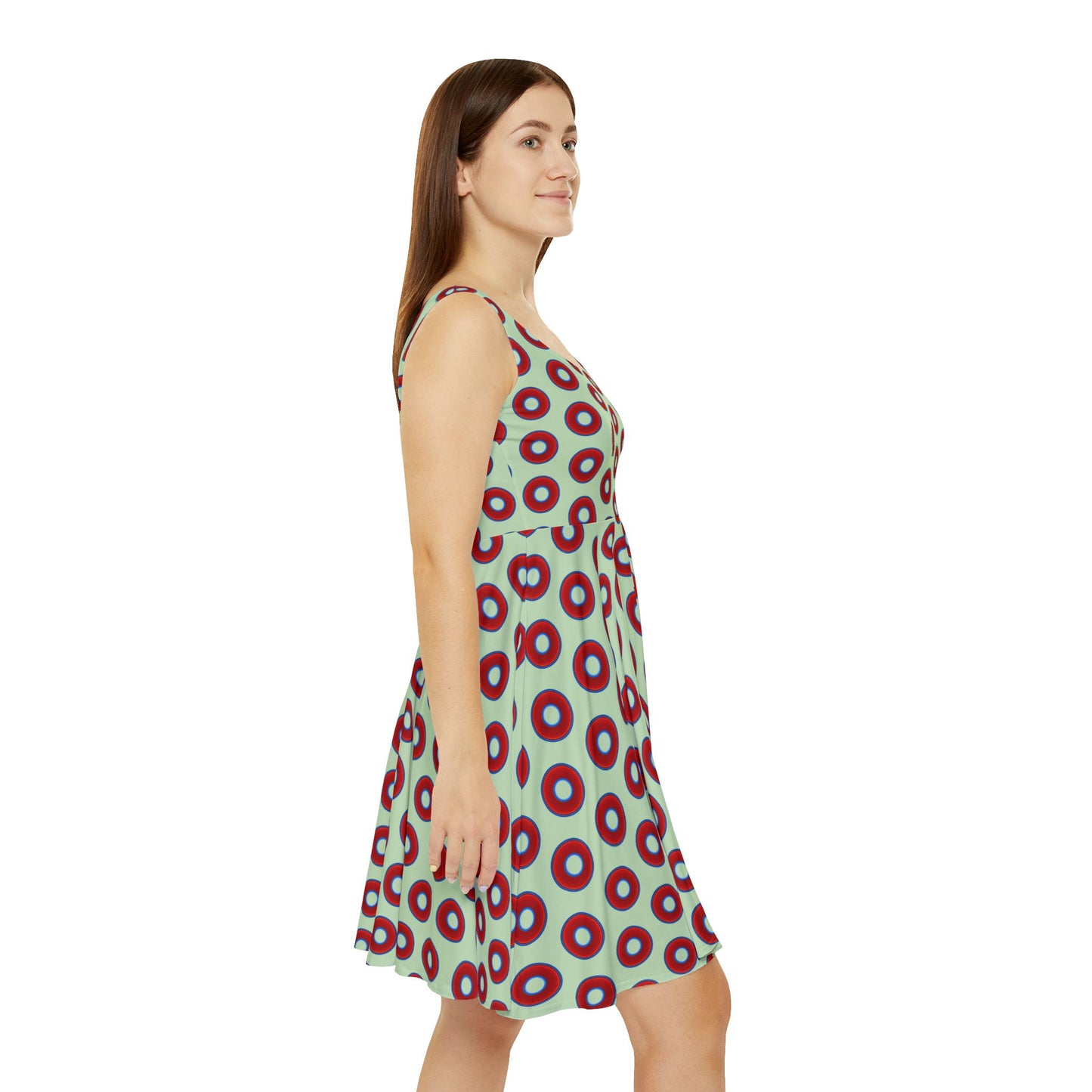 Women's Skater Donut Dress - vivid red donut print w/seafoam background