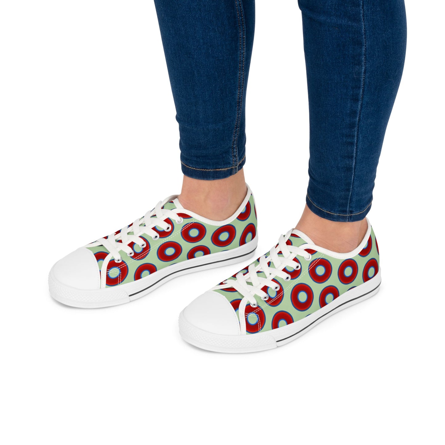 Women's - Low Top Chuck Taylors - large vivid red donut print w/seafoam green background