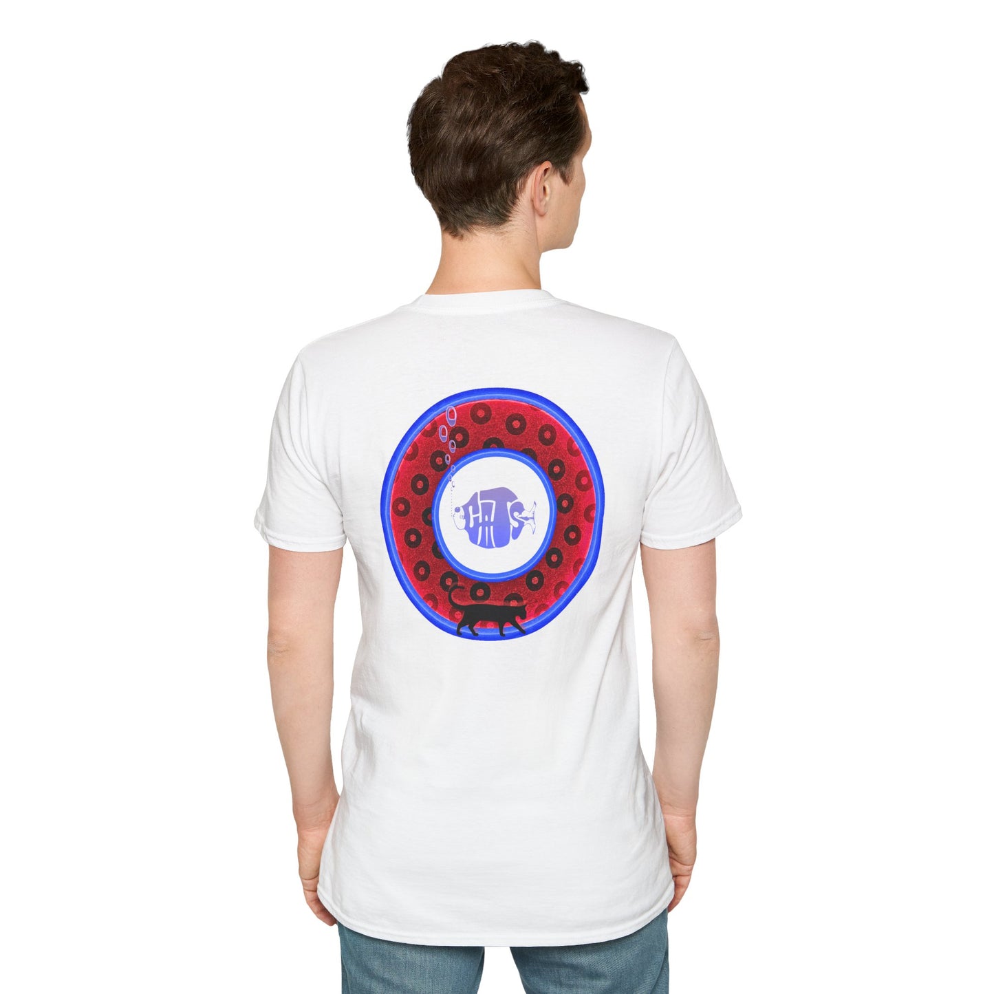 Classic Donut Tee - Unisex Soft-Style - "Cats: The Donut" - paradoxical red/blue widemouthed donut - variant 3