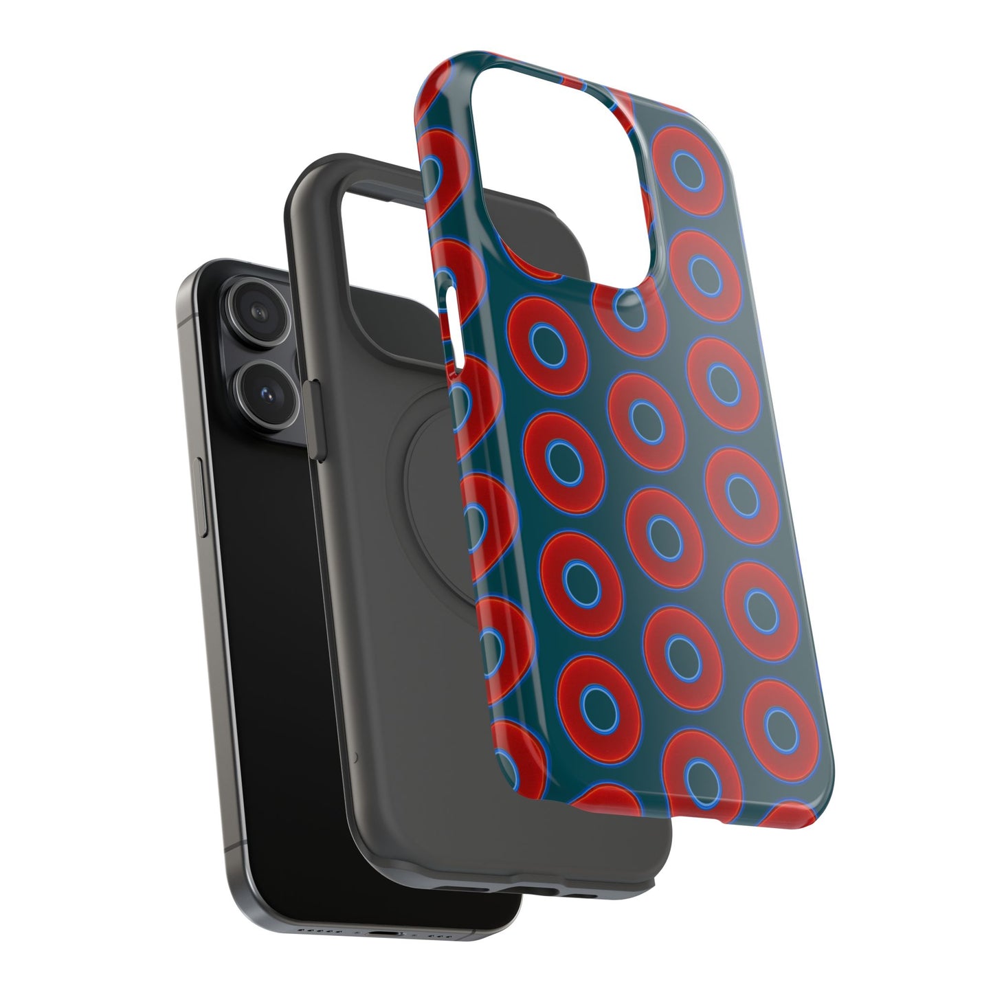 Impact-Resistant Lumpy Donut Case - red vivid donut print w/midnight green background