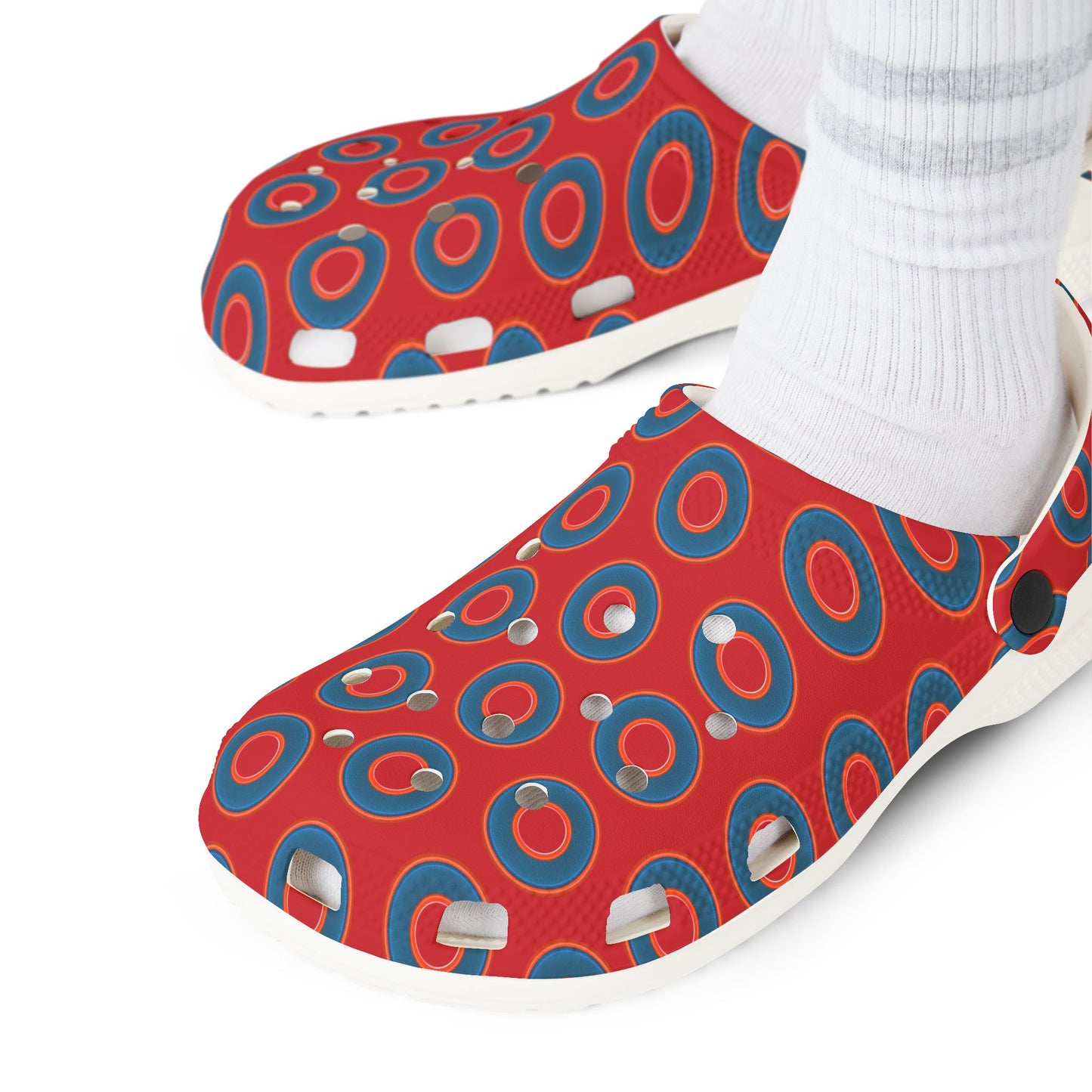 Spatchcocks - donut slip-on shoes - blue rustic donuts w/red background [unisex]