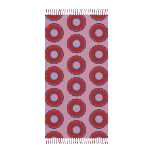 Oversized Lumpy Beach Towel - vivid red donuts w/pale magenta background