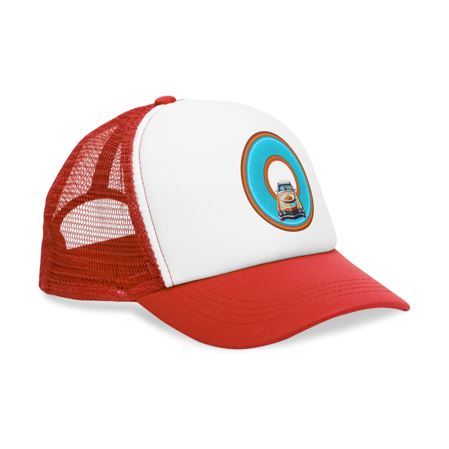 Lumpy Trucker Hat - "Cadillac Rainbows & Eating on the Run" - variant 3 - turquoise/orange donut