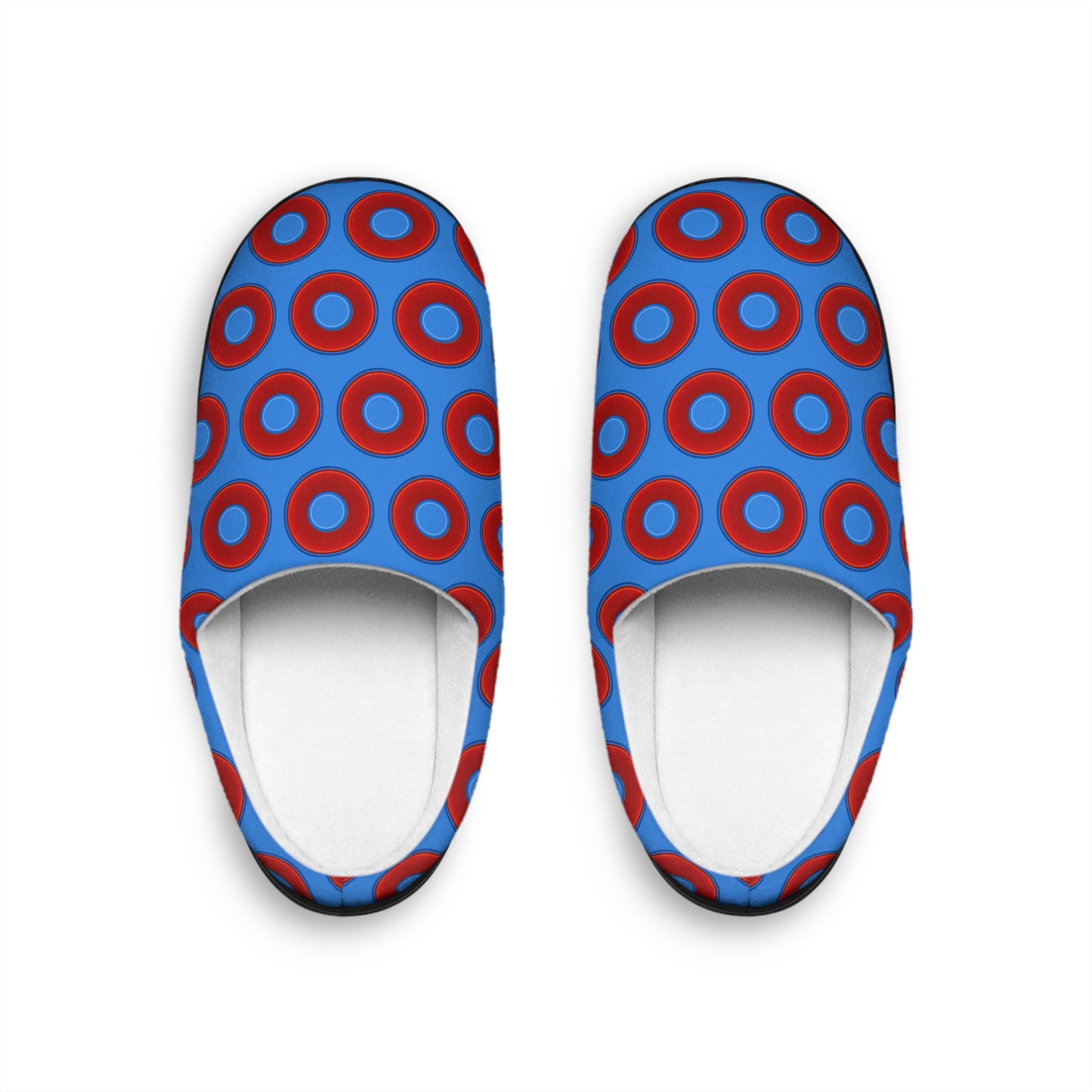 Men's Lumpy Slippers - red vivid donut print w/light royal blue background