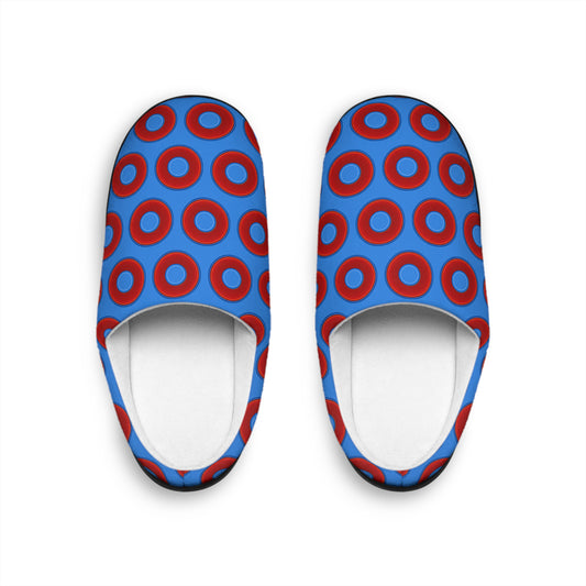 Men's Lumpy Slippers - red vivid donut print w/light royal blue background