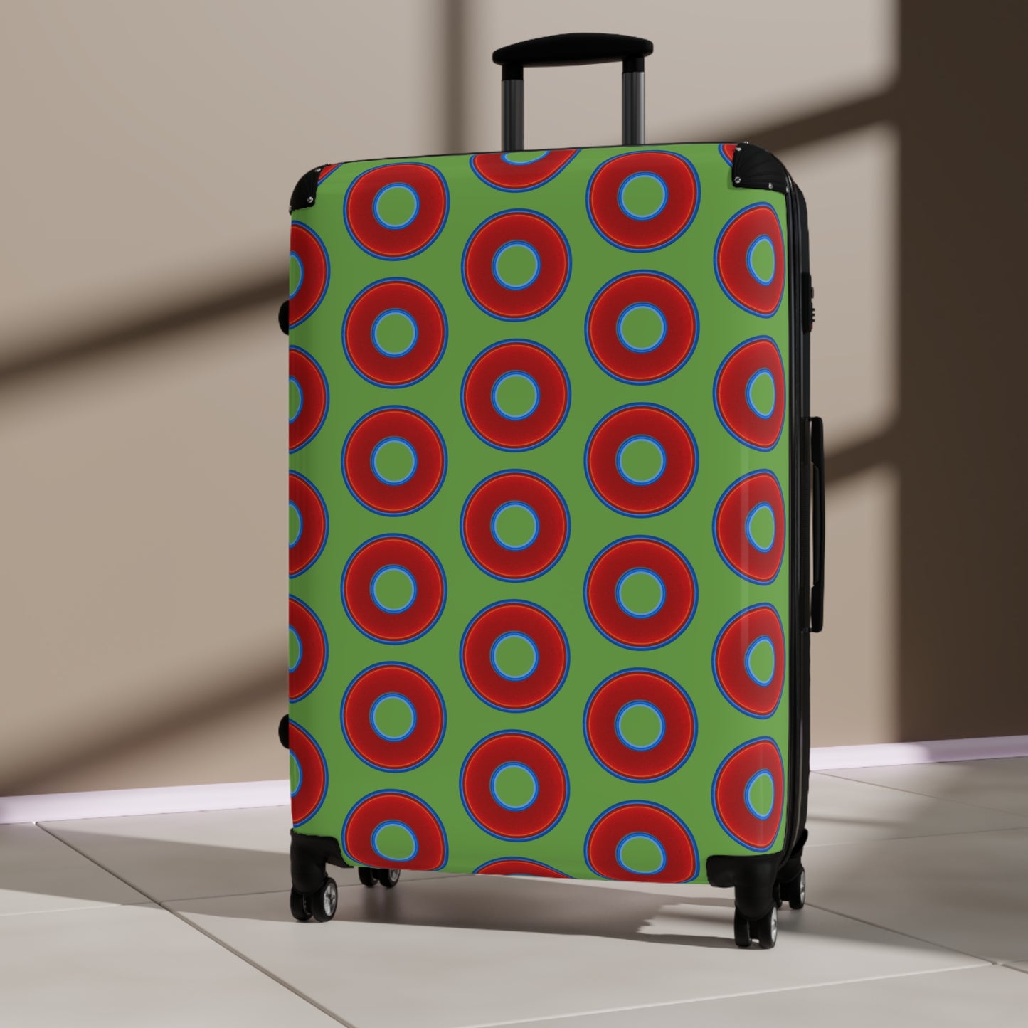 The Very Lumpy Donut Suitcase series - your choice of S, M or L - vivid red donut print w/lime green background