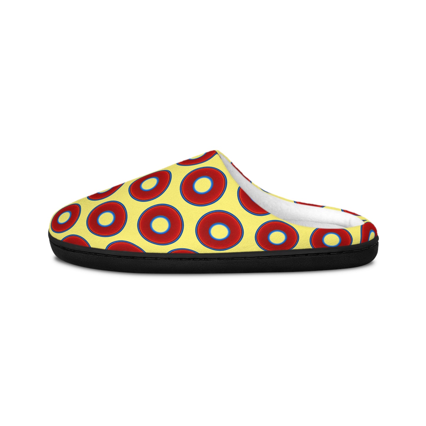Women's Lumpy Slippers - red vivid donut print w/yellow background