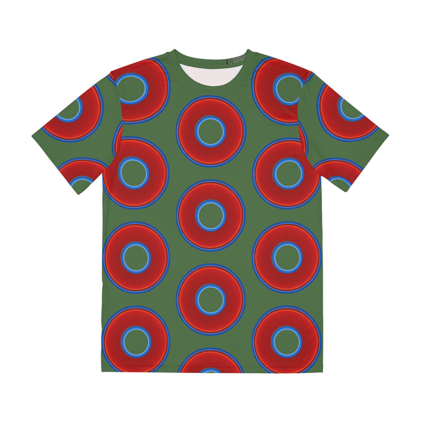 Multi-Beastie Giant Donut AOP Polyester Tee - red vivid donut print w/dark green background