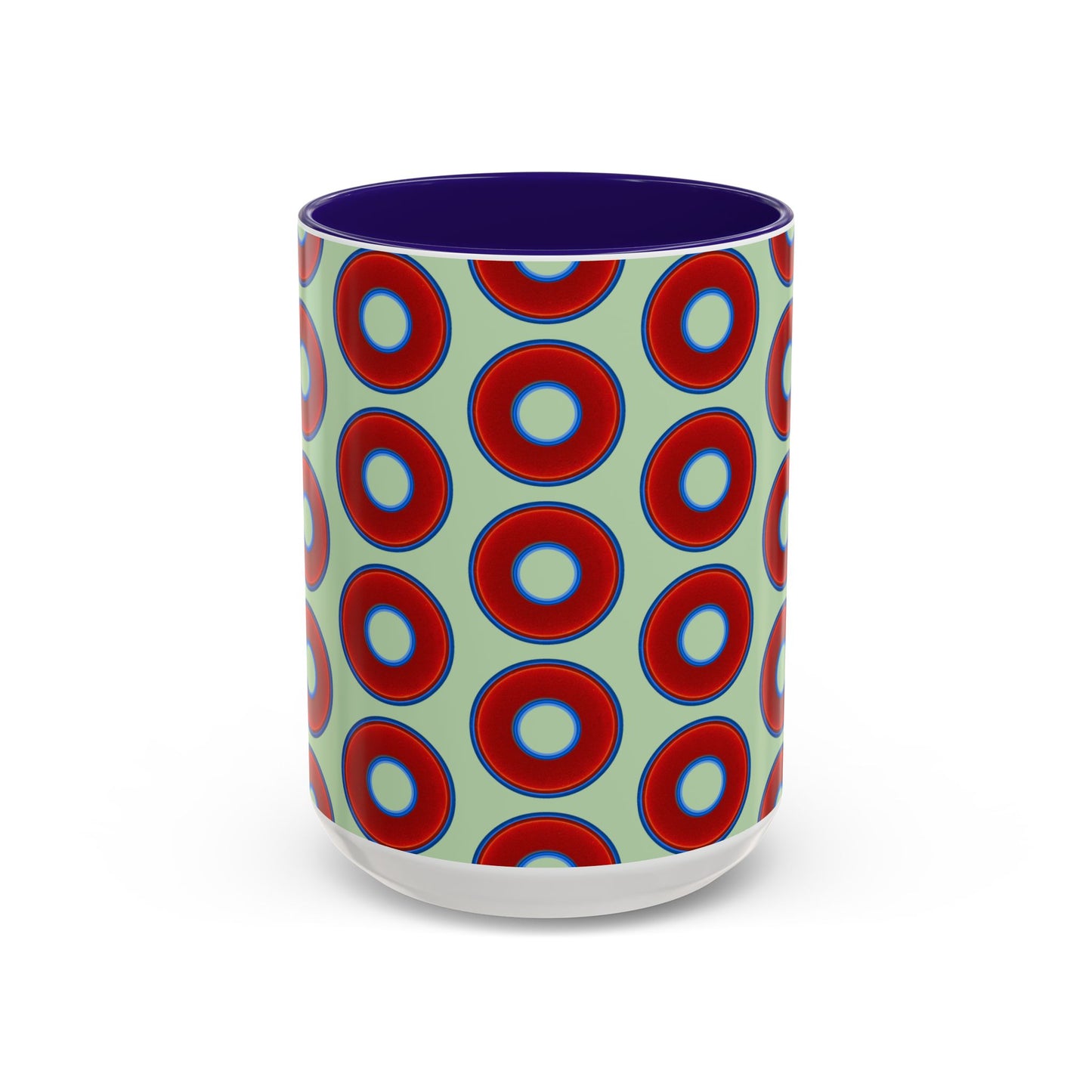 Lump's Grumpy Coffee Mug - vivid red donuts w/seafoam background