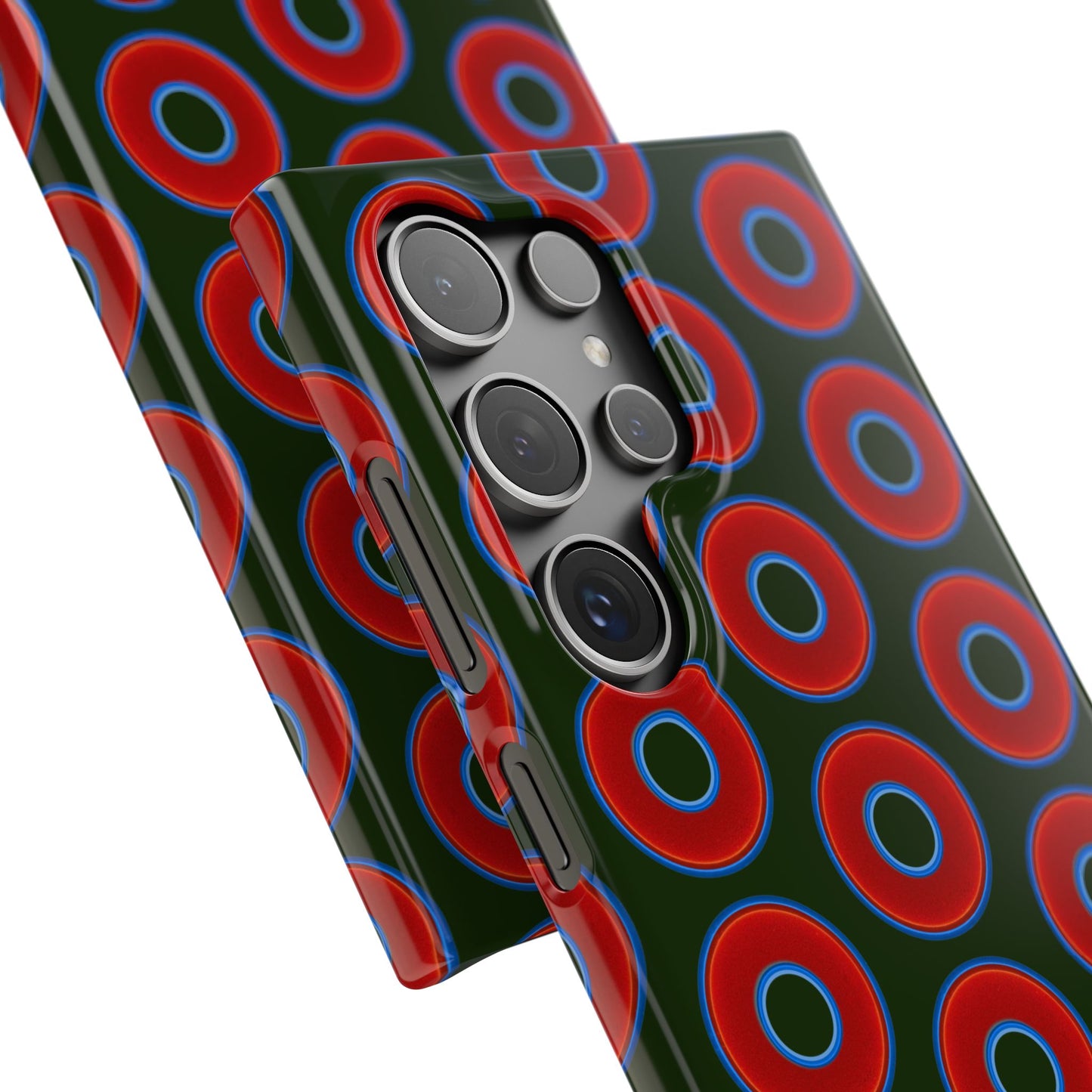 Lumpy Donut Snap Case - red vivid donut print w/deep forest green background