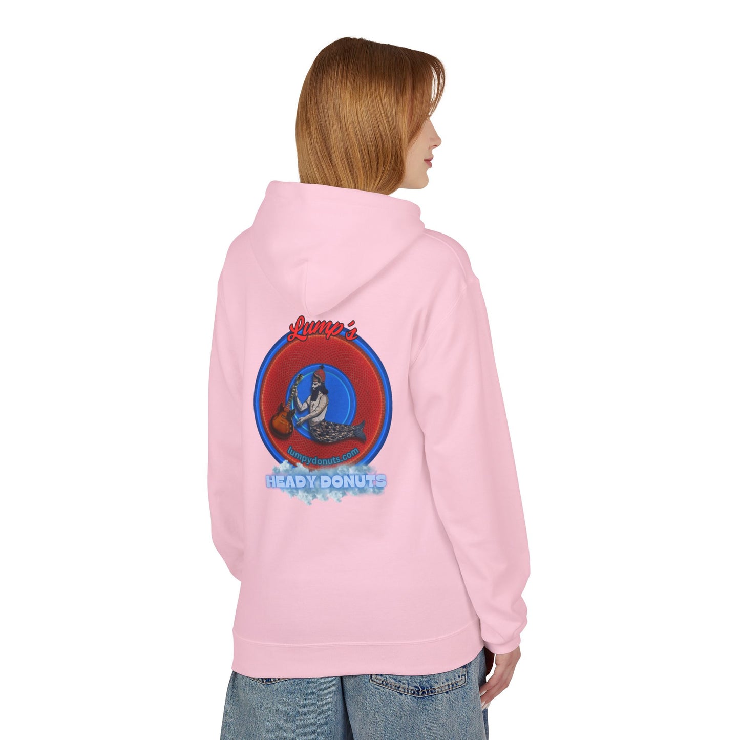 Unisex Fleece Hoodie - [Midweight Soft-style] - "Lump's Heady Logo" - w/rustic red donuts