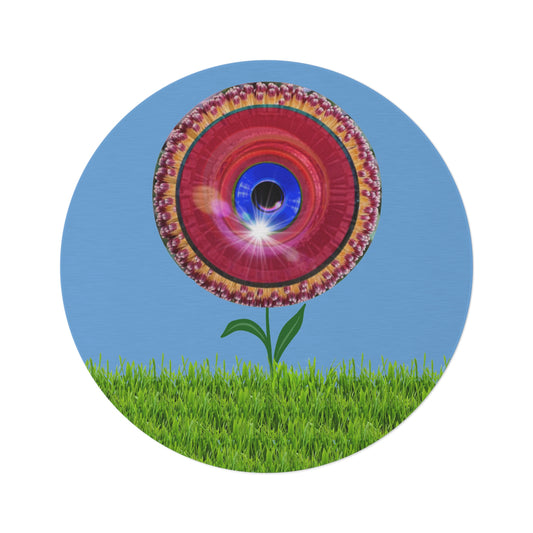 Round Room - 5 ft x 5 ft Lumpy Donut Rug - "Smell The Donuts Inside On My Rug" - red flour donut w/light blue background - variant 2