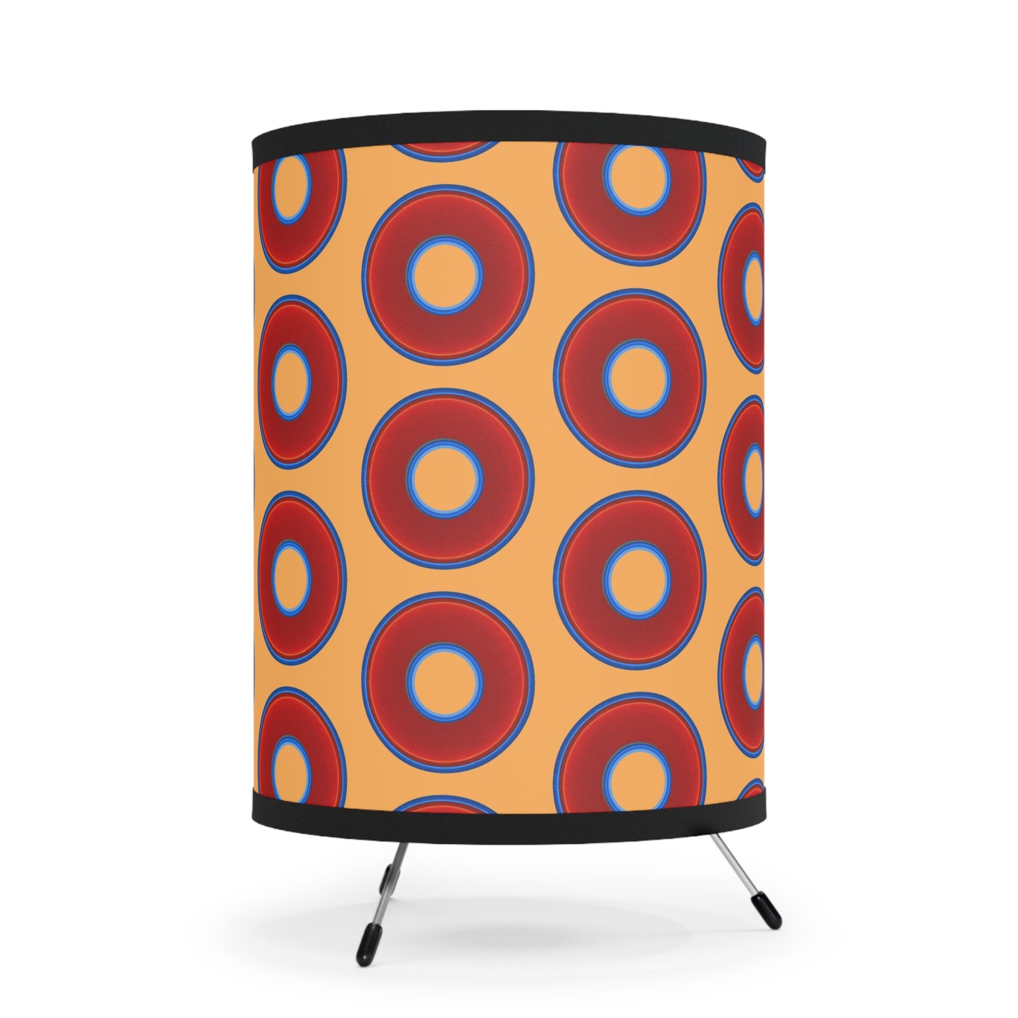 Lumpy Tripod Donut Lamp - vivid red donuts w/creamsicle orange background