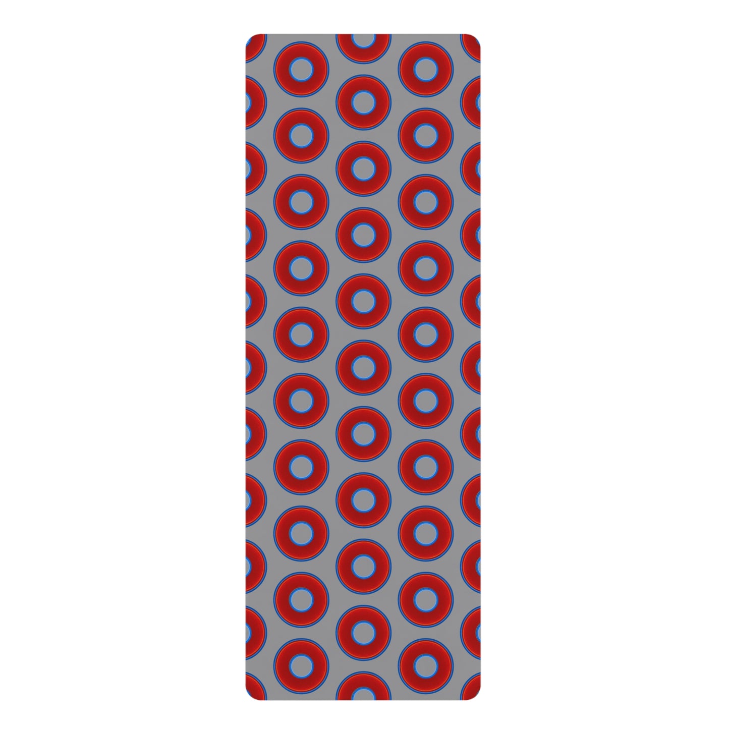Lumpy Donut Yoga Mat :) - 24″ x 70" - vivid red donut print w/gray background