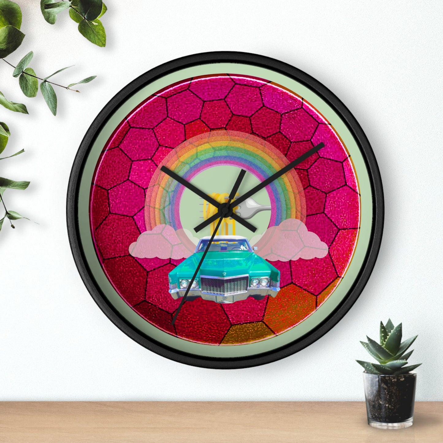 Lumpy Wall Clock - "Time for a Spaghetti Incident in my Caddy" - variant 3 - magenta hexadonut w/seafoam background