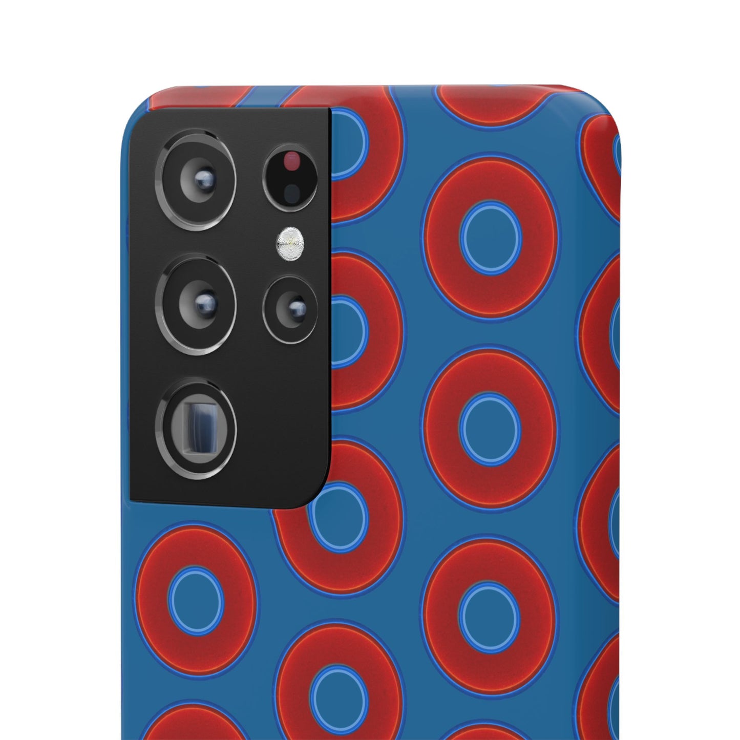 Lumpy Donut Snap Case - red vivid donut print w/wavy navy blue background