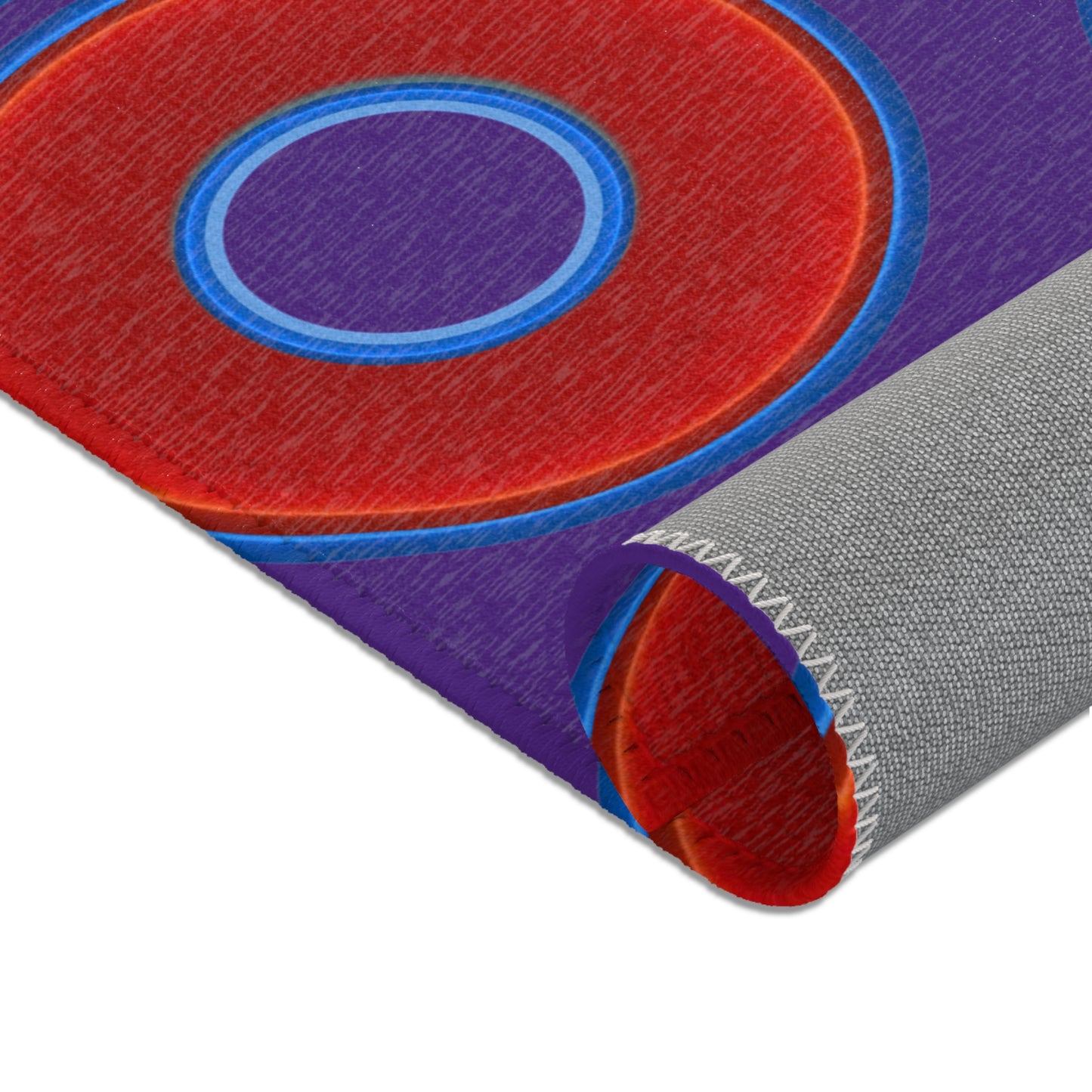 Lumpy Donut Print Rug - choice of 3 sizes - vivid red donut print w/purple background