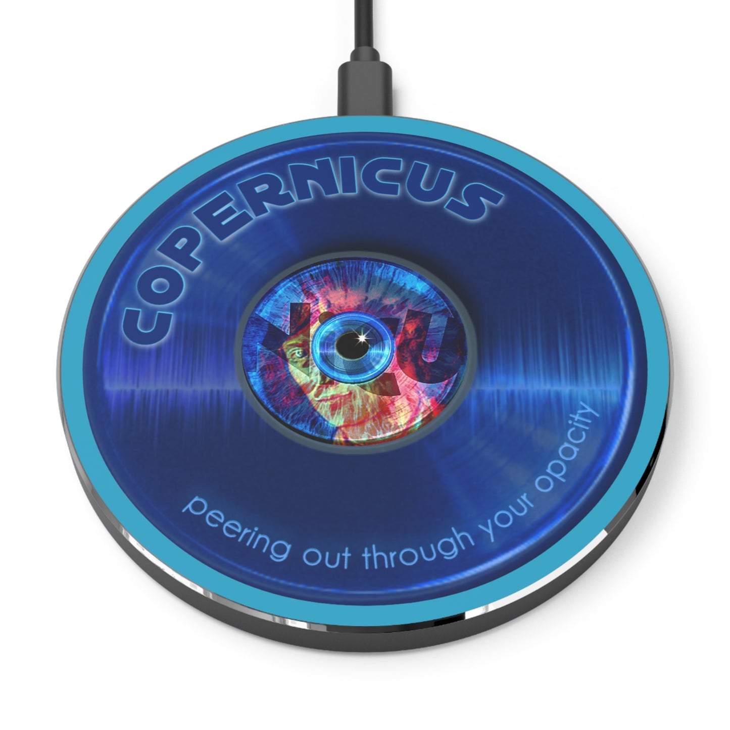 The Flow - Wireless Lumpy Donut Chargers - "Drunken Copernicus's Donut Charger" - vivid blue w/turquoise background - variant 1