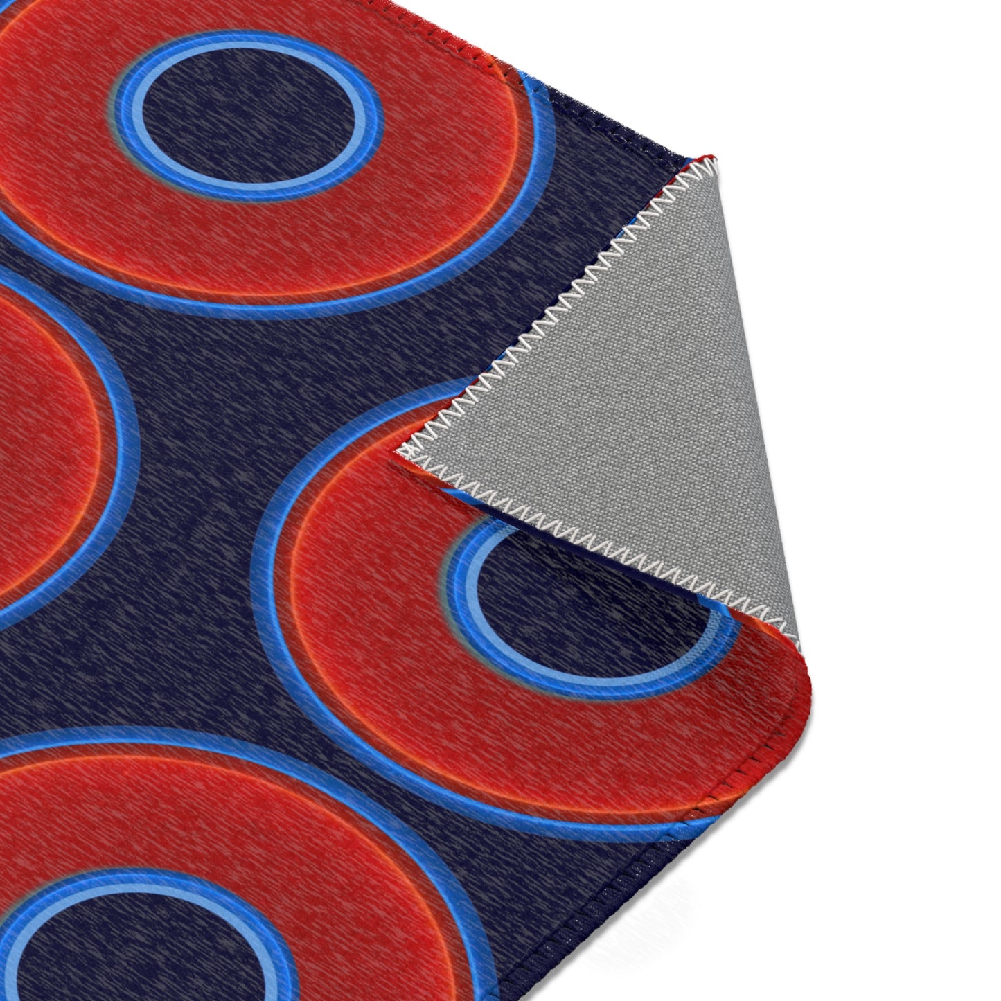 Lumpy Donut Print Rug - choice of 3 sizes - vivid red donut print w/midnight blue background