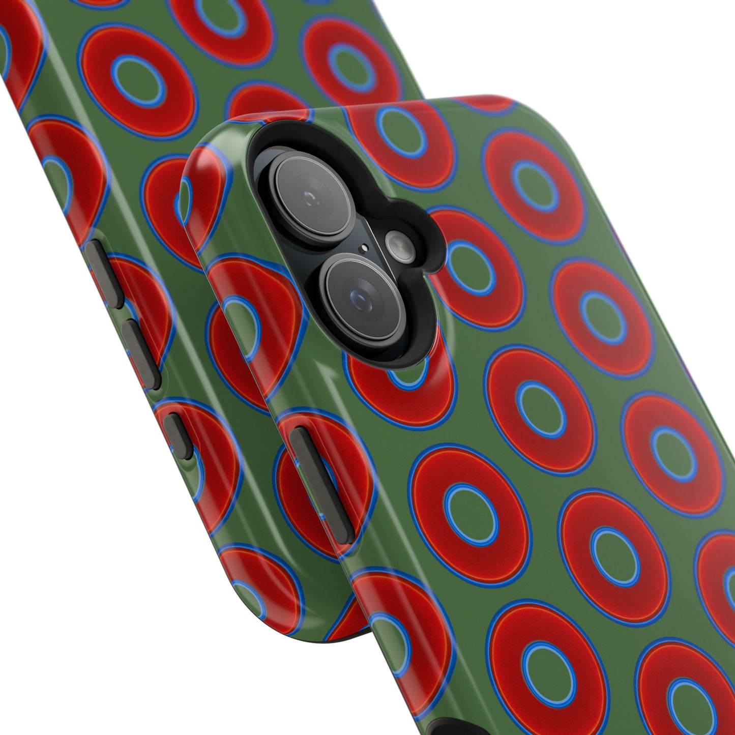 Impact-Resistant Lumpy Donut Case - red vivid donut print w/dark green background