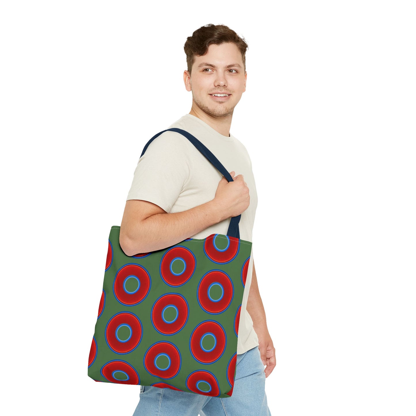 Lumpy Beach/Tote Bag - red vivid donuts w/dark Fenway green background