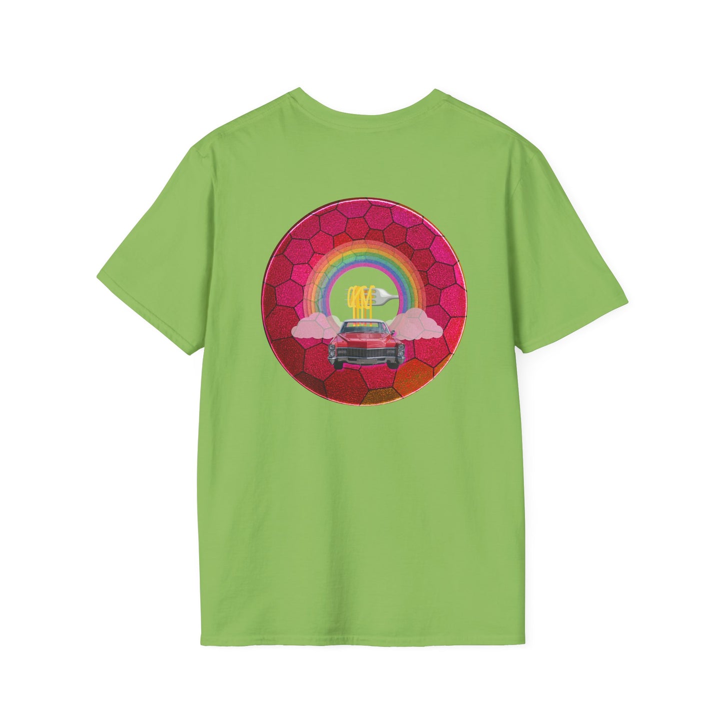 Classic Donut Tee - Unisex Soft-Style - "Cadillac Rainbows Donut Tee" - variant 1 - magenta hexadonut w/red caddy