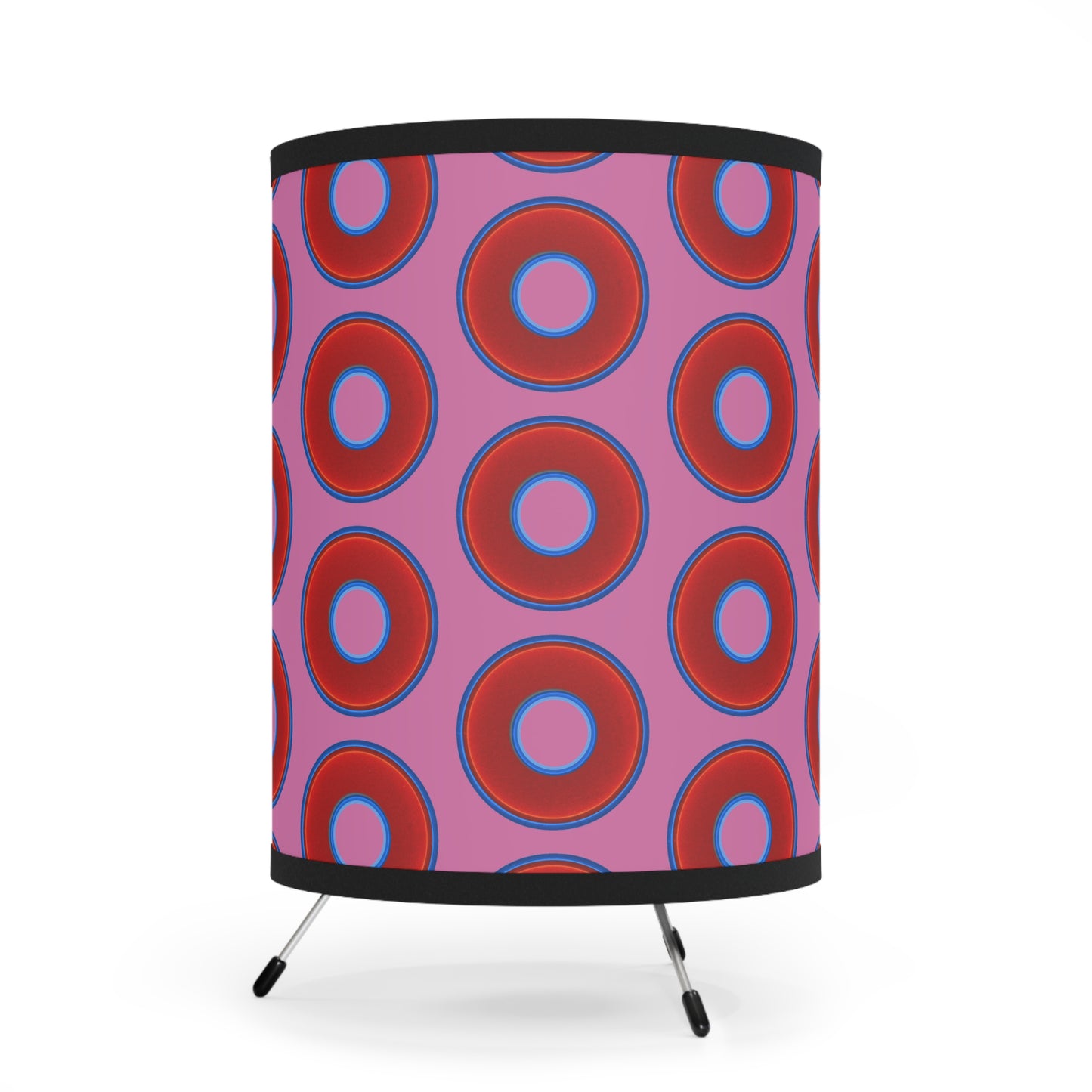 Lumpy Tripod Donut Lamp - vivid red donuts w/pink background