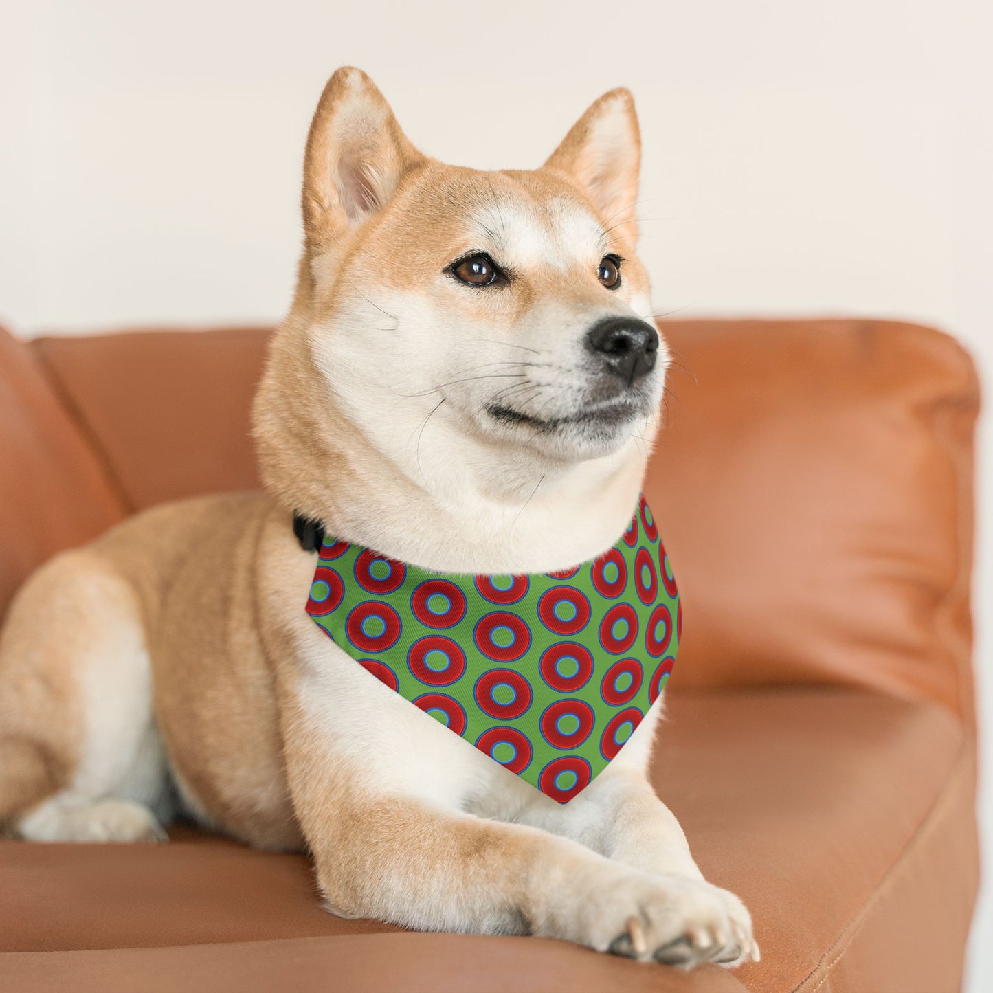 Jim's Lumpy Bandana Pet Collar - vivid red donuts w/light green background