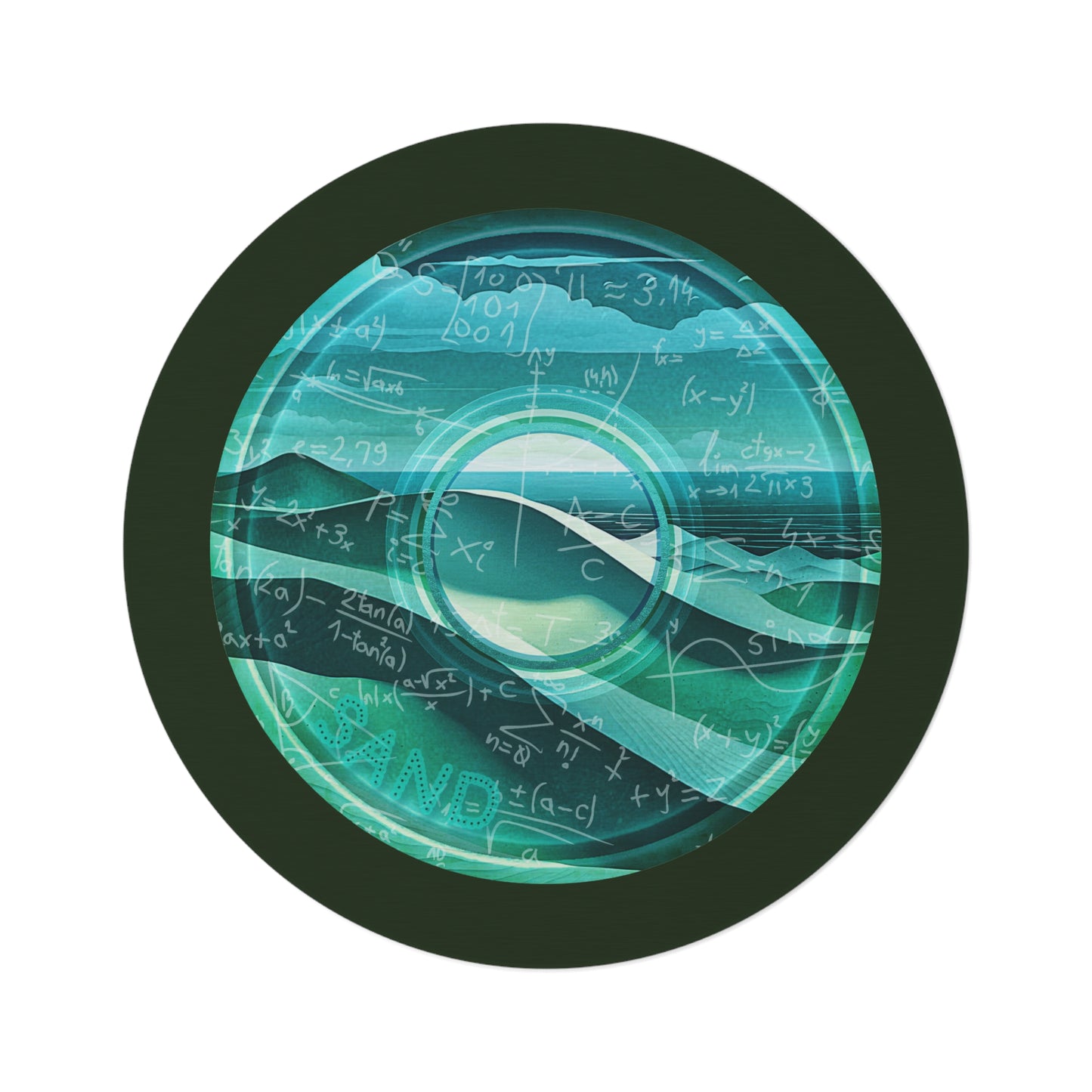 Round Room - 5 ft x 5 ft Lumpy Donut Rug - "The Equating Donut Rug" - teal green pic donut w/deep forest green background