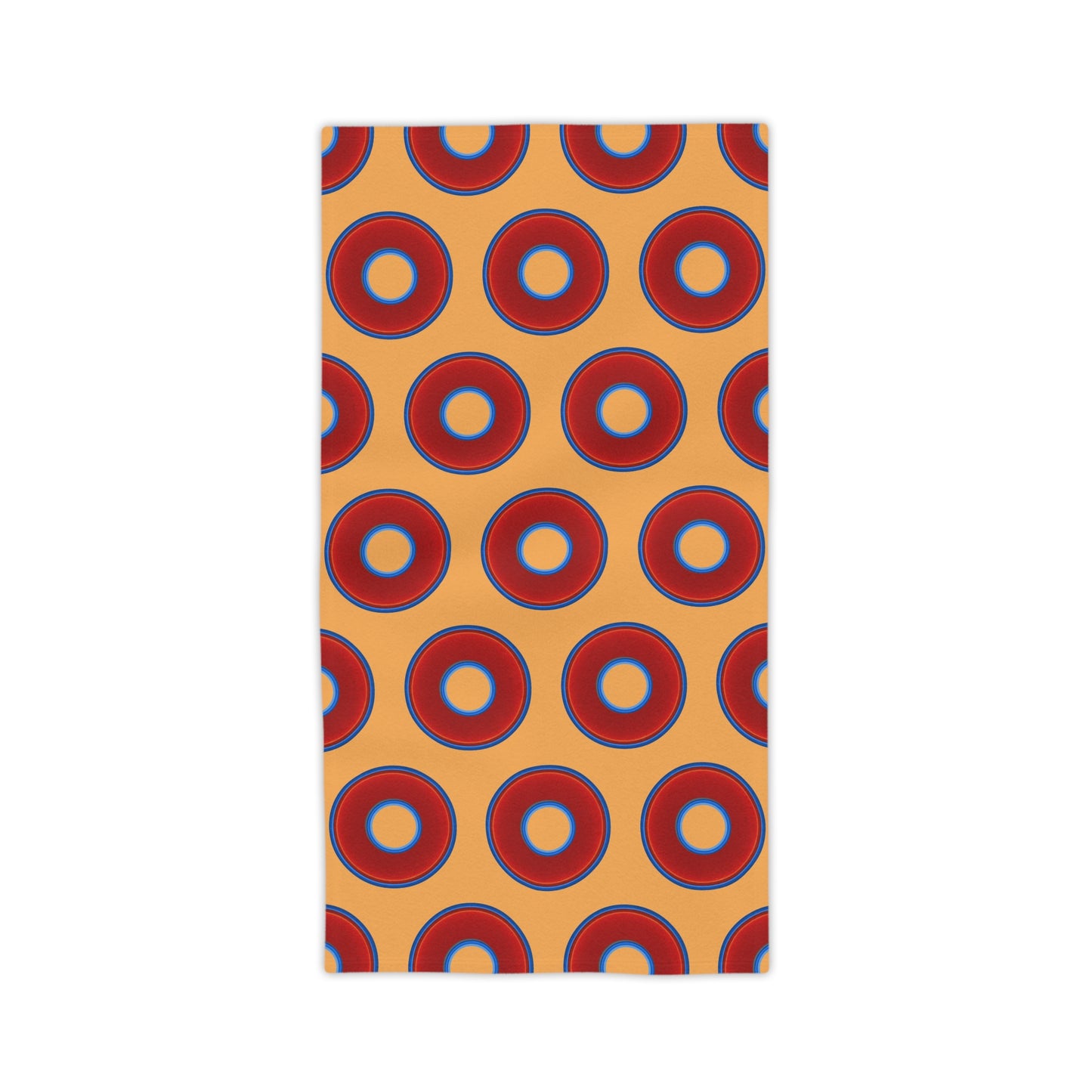 Lumpy Donut Towels - vivid red donuts w/creamsicle orange background