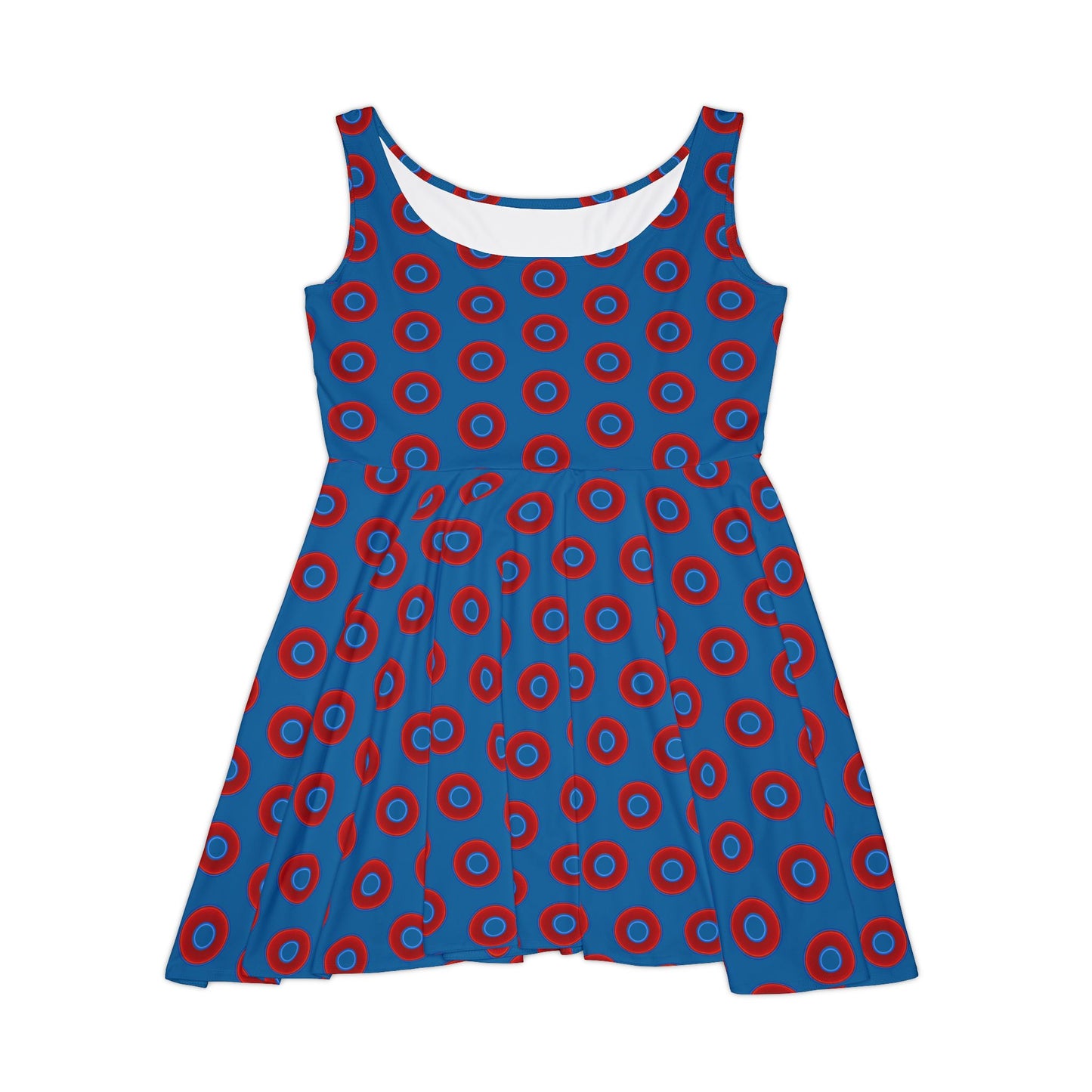 Women's Skater Donut Dress - vivid red donut print w/wavy navy blue background