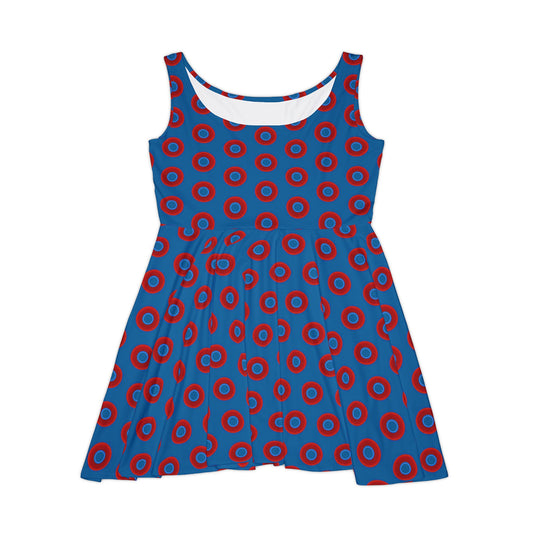 Women's Skater Donut Dress - vivid red donut print w/wavy navy blue background